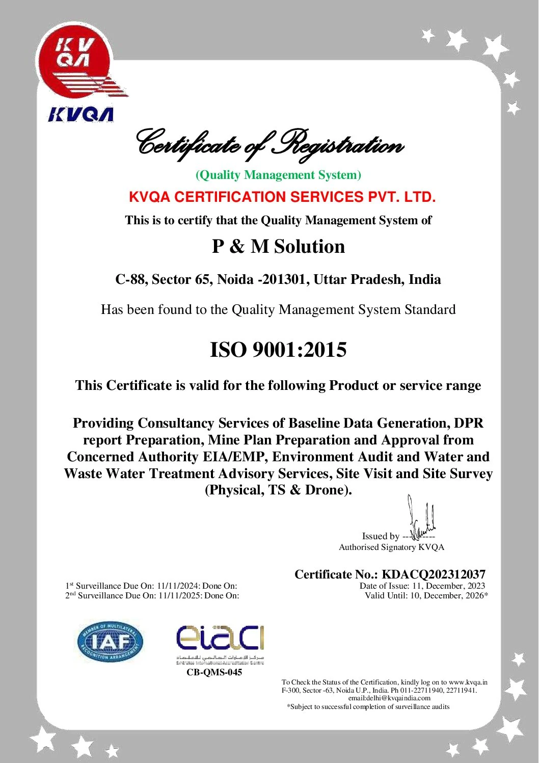 KVQA ISO 9001 2015 certificate of P & M Solution
