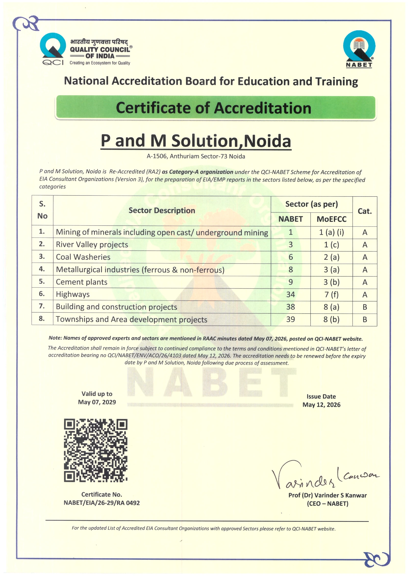 QCI-NABET certificate of P & M Solution
